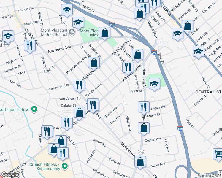 map of restaurants, bars, coffee shops, grocery stores, and more near 1623 Santa Fe Street in Schenectady