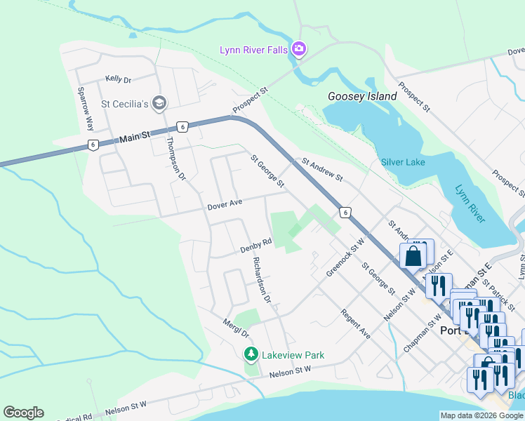 map of restaurants, bars, coffee shops, grocery stores, and more near 5 Denby Road in Port Dover