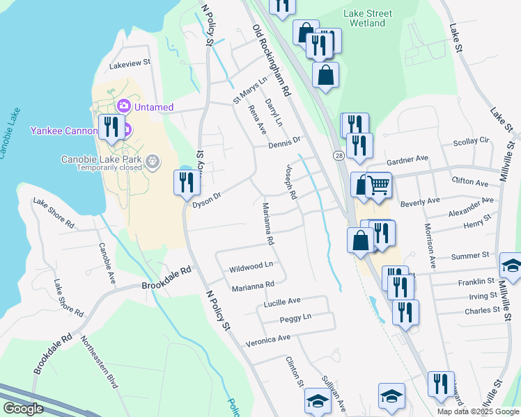 map of restaurants, bars, coffee shops, grocery stores, and more near 12 Marianna Road in Salem