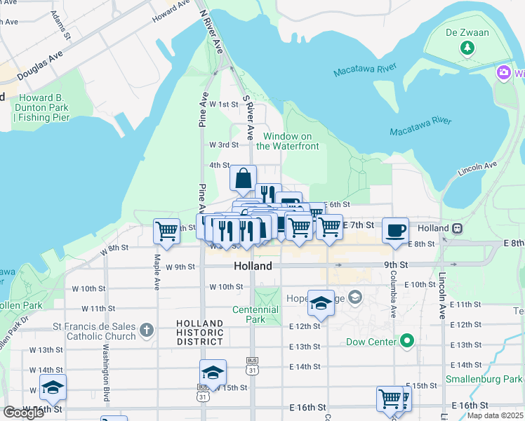 map of restaurants, bars, coffee shops, grocery stores, and more near 26 West 6th Street in Holland