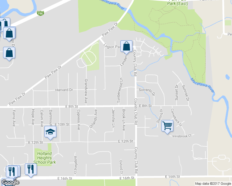 map of restaurants, bars, coffee shops, grocery stores, and more near 158 Timberwood Lane in Holland