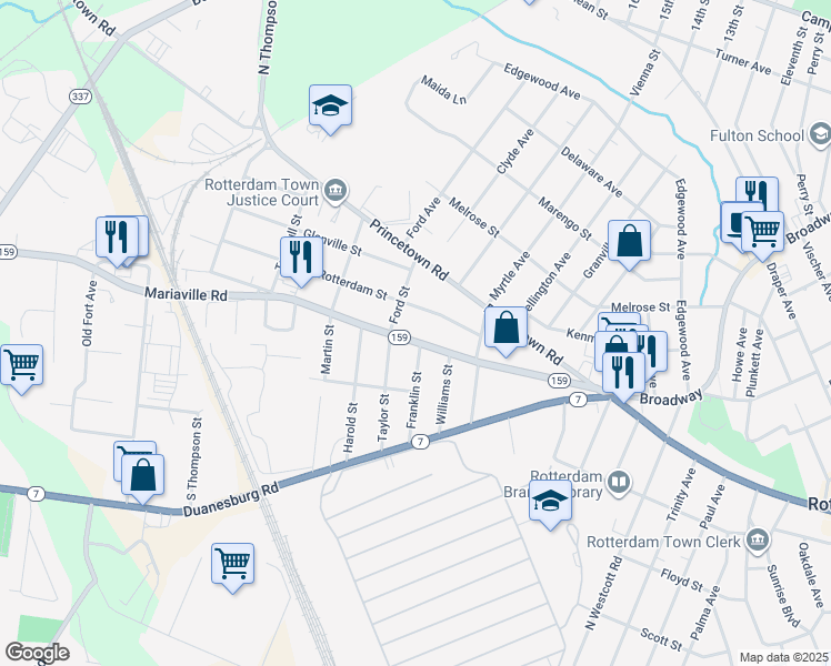 map of restaurants, bars, coffee shops, grocery stores, and more near 212 Mariaville Road in Rotterdam