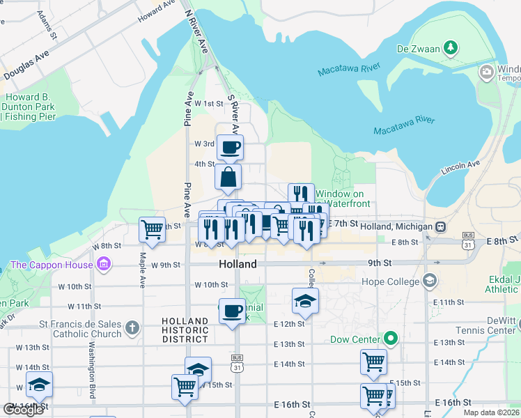 map of restaurants, bars, coffee shops, grocery stores, and more near 148 Central Avenue in Holland