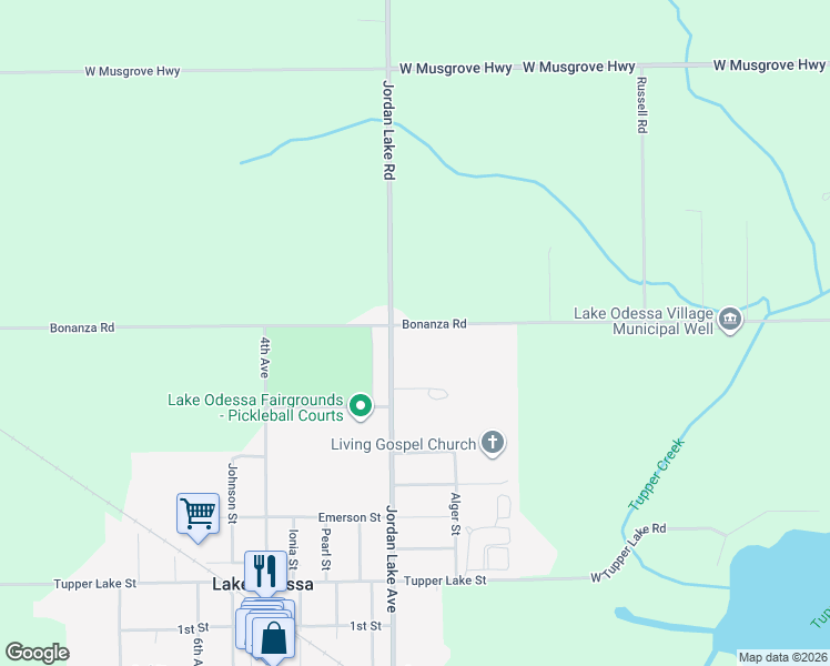 map of restaurants, bars, coffee shops, grocery stores, and more near 2957 Bonanza Road in Lake Odessa