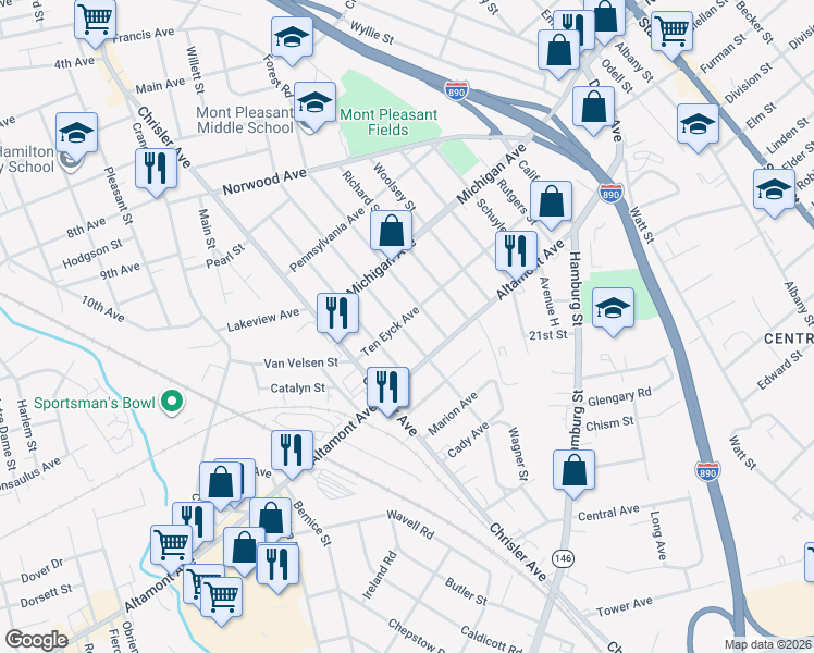 map of restaurants, bars, coffee shops, grocery stores, and more near 820 Ten Eyck Avenue in Schenectady