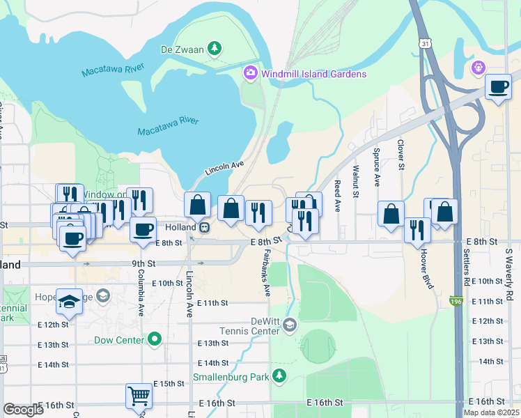map of restaurants, bars, coffee shops, grocery stores, and more near 147 Fairbanks Avenue in Holland