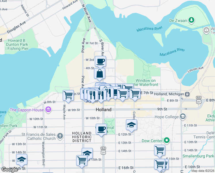 map of restaurants, bars, coffee shops, grocery stores, and more near 26 West 6th Street in Holland