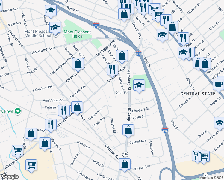 map of restaurants, bars, coffee shops, grocery stores, and more near 1742 Avenue M in Schenectady