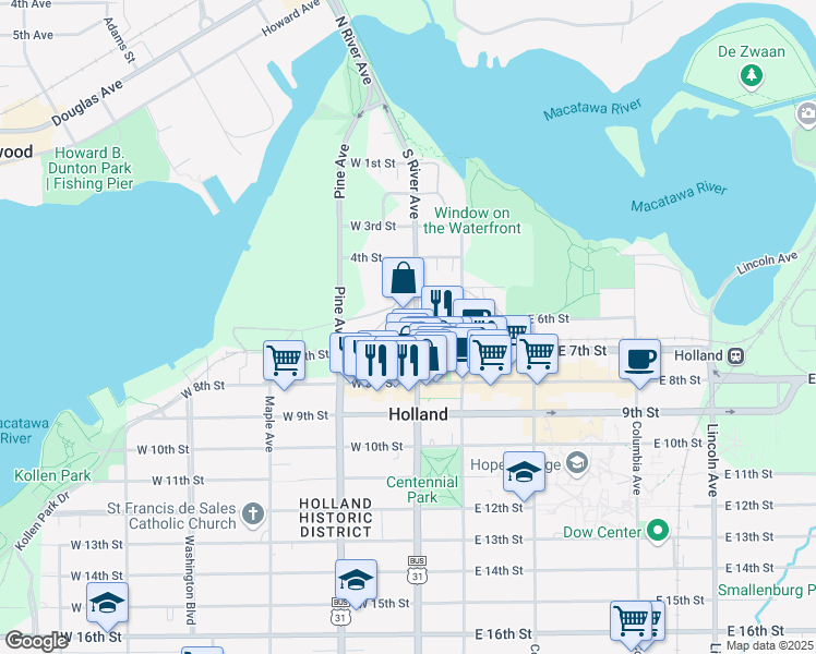 map of restaurants, bars, coffee shops, grocery stores, and more near 146 South River Avenue in Holland