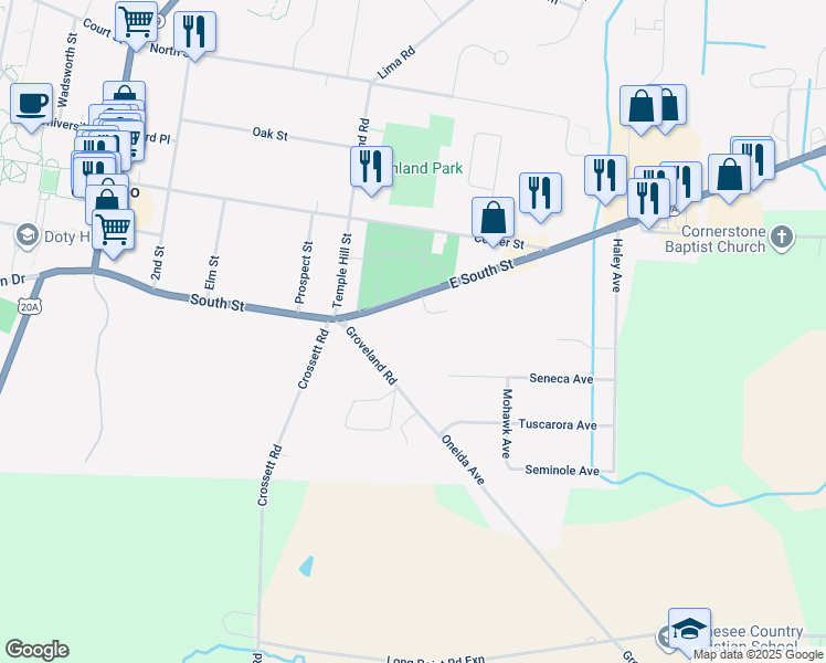 map of restaurants, bars, coffee shops, grocery stores, and more near 12 East South Street in Geneseo