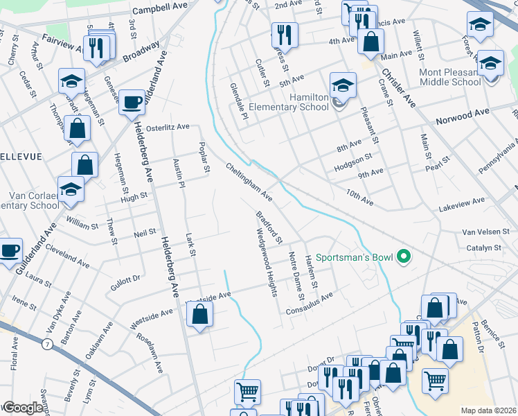 map of restaurants, bars, coffee shops, grocery stores, and more near 1277 Bradford Street in Schenectady