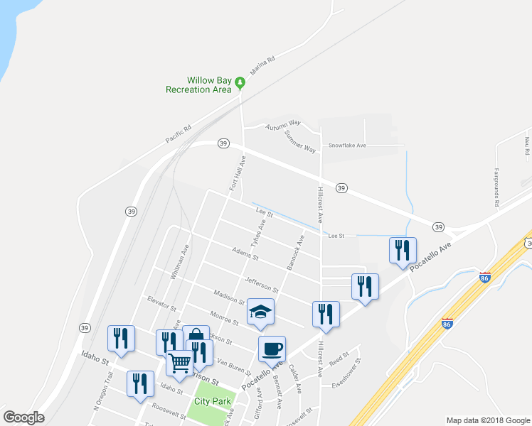 map of restaurants, bars, coffee shops, grocery stores, and more near 100 Tyhee Avenue in American Falls
