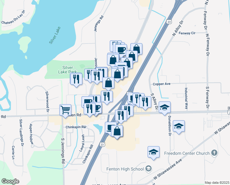 map of restaurants, bars, coffee shops, grocery stores, and more near 18055 Silver Parkway in Fenton