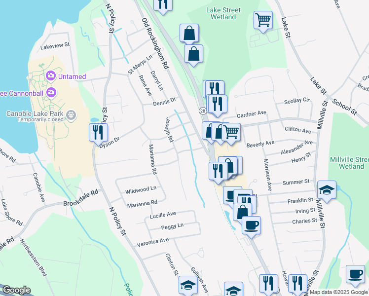 map of restaurants, bars, coffee shops, grocery stores, and more near 8 Therese Road in Salem