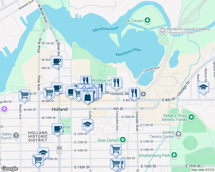 map of restaurants, bars, coffee shops, grocery stores, and more near 124 East 6th Street in Holland