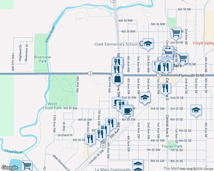map of restaurants, bars, coffee shops, grocery stores, and more near 101 6th Avenue Southwest in Le Mars