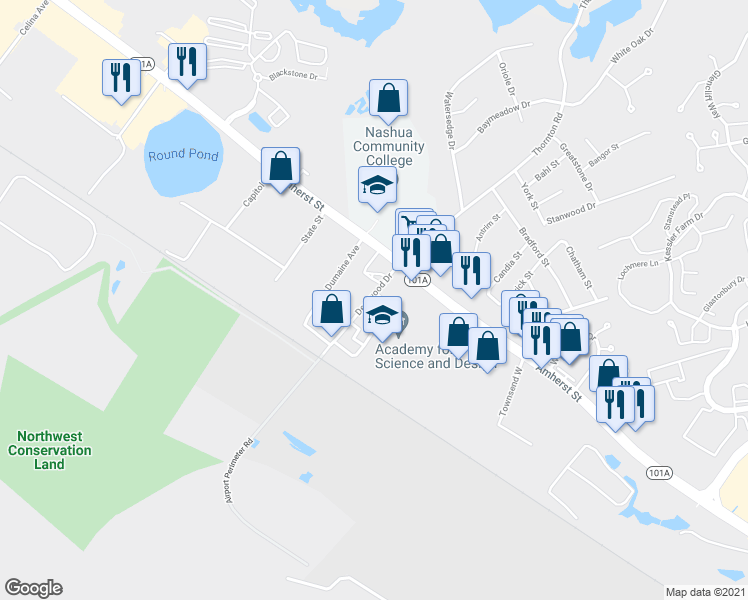 map of restaurants, bars, coffee shops, grocery stores, and more near 38 Deerwood Drive in Nashua