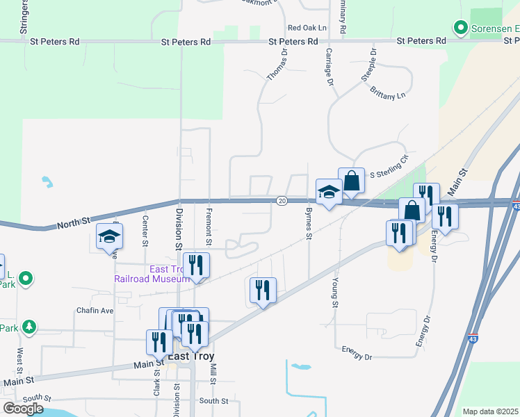 map of restaurants, bars, coffee shops, grocery stores, and more near 2780 Brooks Court in East Troy