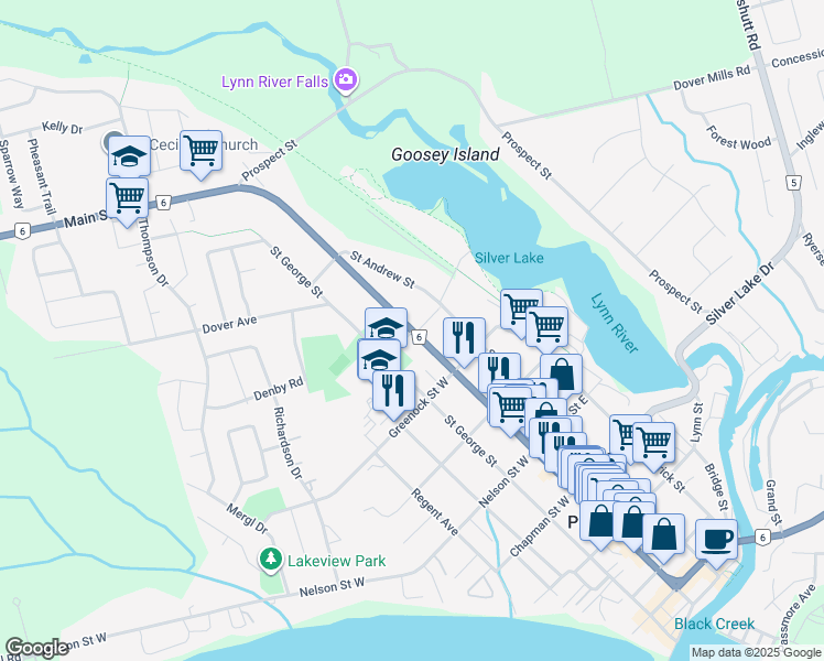 map of restaurants, bars, coffee shops, grocery stores, and more near Main Street in Port Dover