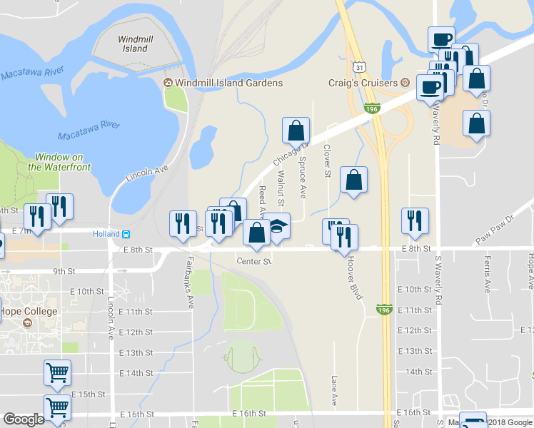 map of restaurants, bars, coffee shops, grocery stores, and more near 149 Reed Avenue in Holland