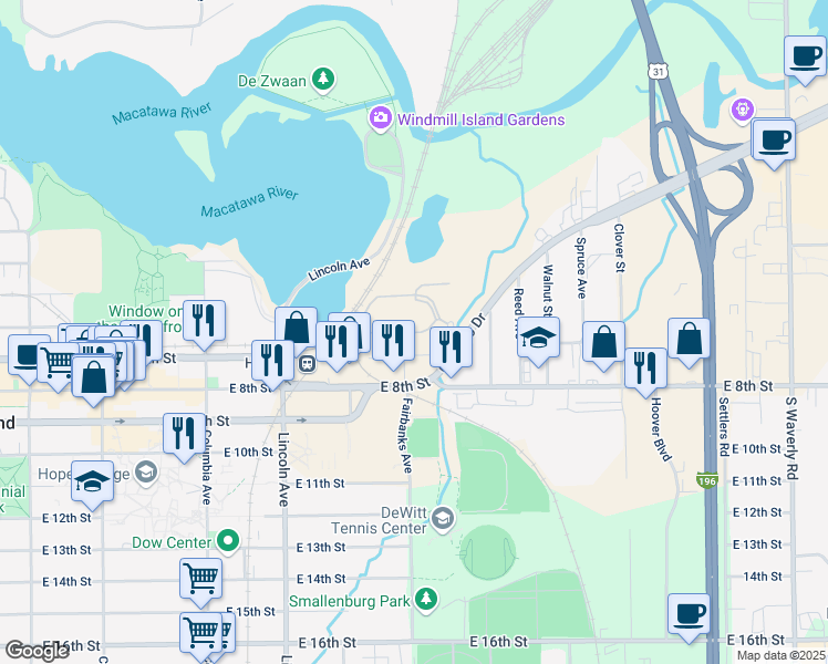 map of restaurants, bars, coffee shops, grocery stores, and more near 147 Fairbanks Avenue in Holland