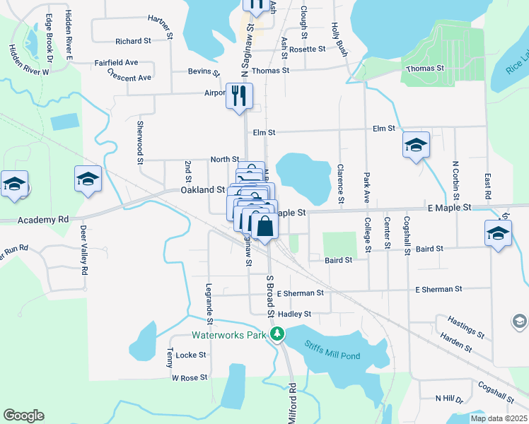 map of restaurants, bars, coffee shops, grocery stores, and more near 109 East Maple Street in Holly