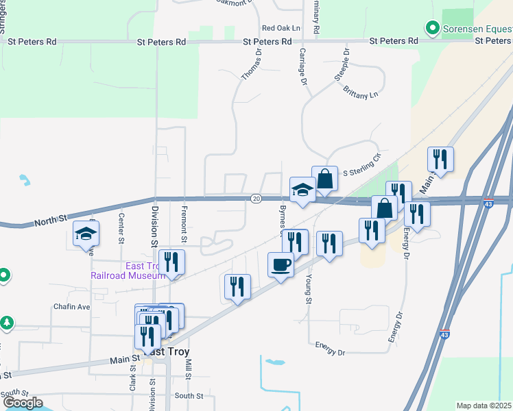 map of restaurants, bars, coffee shops, grocery stores, and more near 2727 North Street in East Troy