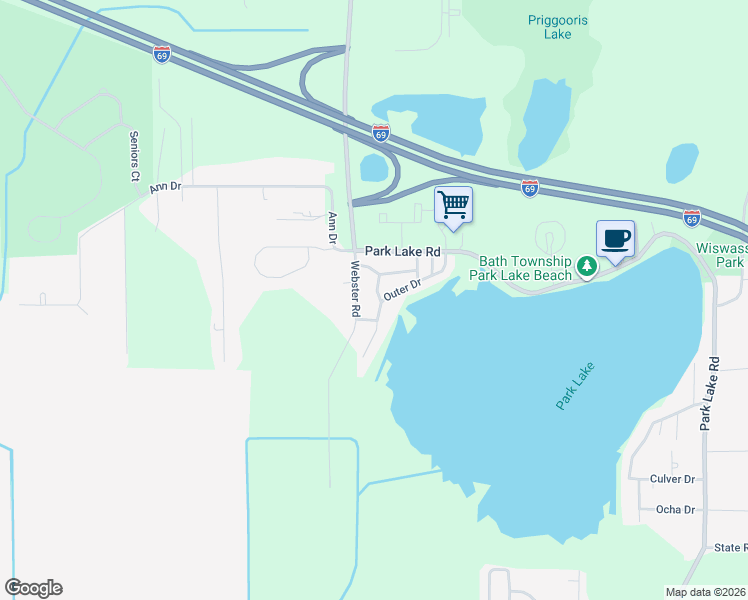 map of restaurants, bars, coffee shops, grocery stores, and more near 15466 Outer Drive in Clinton County