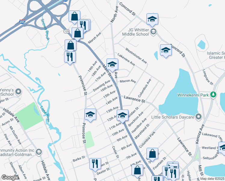 map of restaurants, bars, coffee shops, grocery stores, and more near 1 15th Avenue in Haverhill