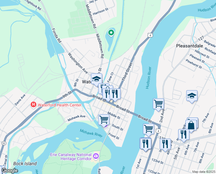 map of restaurants, bars, coffee shops, grocery stores, and more near 67 4th Street in Waterford
