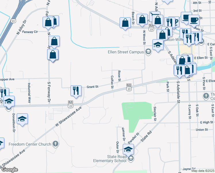 map of restaurants, bars, coffee shops, grocery stores, and more near 905 Grant Street in Fenton