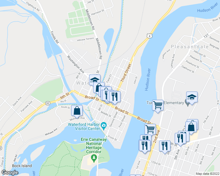 map of restaurants, bars, coffee shops, grocery stores, and more near 67 4th Street in Waterford