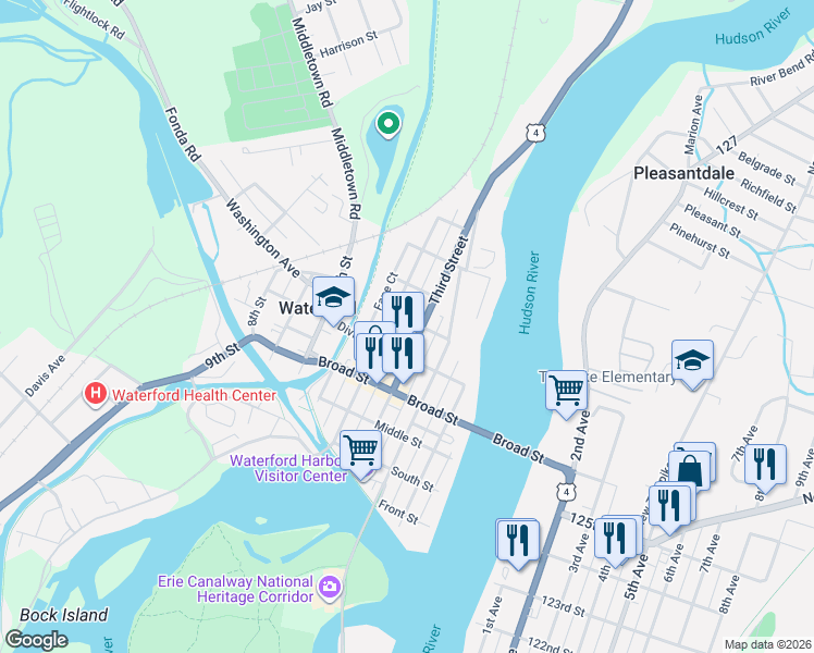 map of restaurants, bars, coffee shops, grocery stores, and more near 83 Third Street in Waterford
