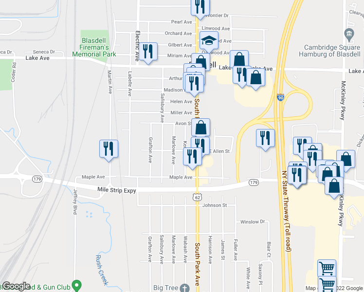 map of restaurants, bars, coffee shops, grocery stores, and more near 41 Kent Avenue in Blasdell