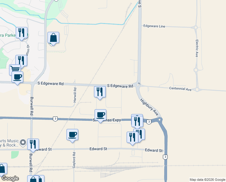 map of restaurants, bars, coffee shops, grocery stores, and more near 399 South Edgeware Road in St. Thomas