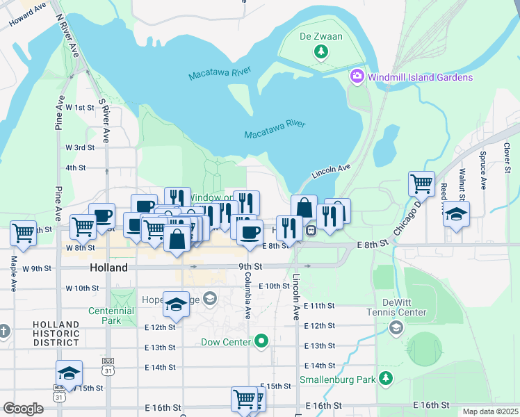 map of restaurants, bars, coffee shops, grocery stores, and more near 145 Columbia Avenue in Holland