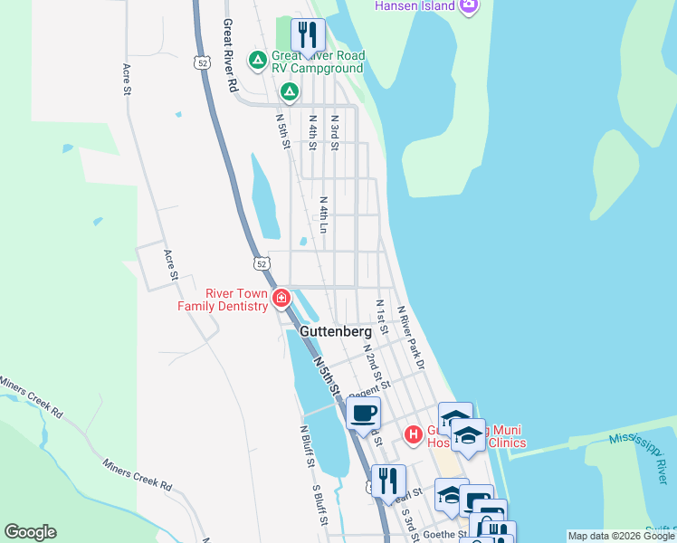 map of restaurants, bars, coffee shops, grocery stores, and more near 615 North 3rd Street in Guttenberg