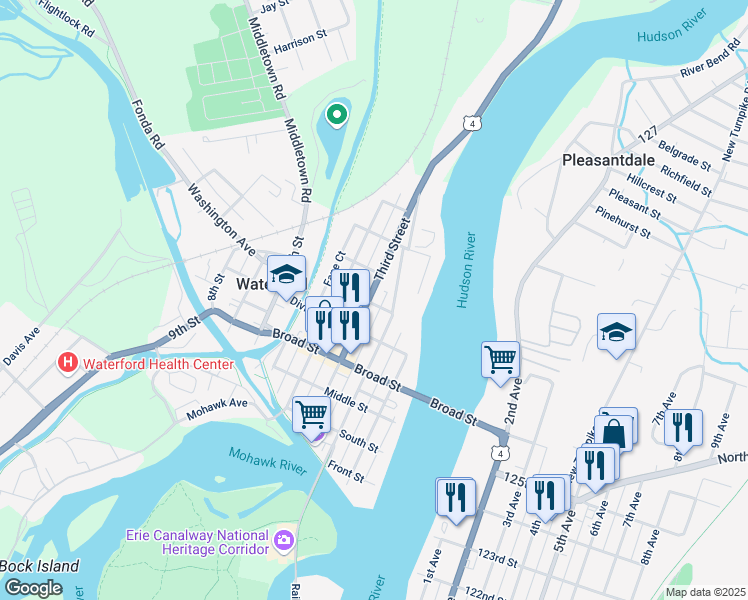 map of restaurants, bars, coffee shops, grocery stores, and more near 83 Third Street in Waterford