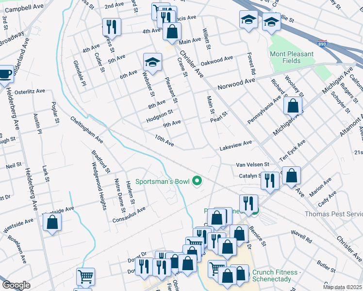 map of restaurants, bars, coffee shops, grocery stores, and more near 1255 10th Avenue in Schenectady
