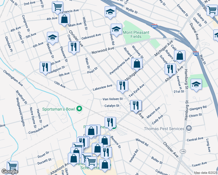 map of restaurants, bars, coffee shops, grocery stores, and more near 1022 Lakeview Avenue in Schenectady