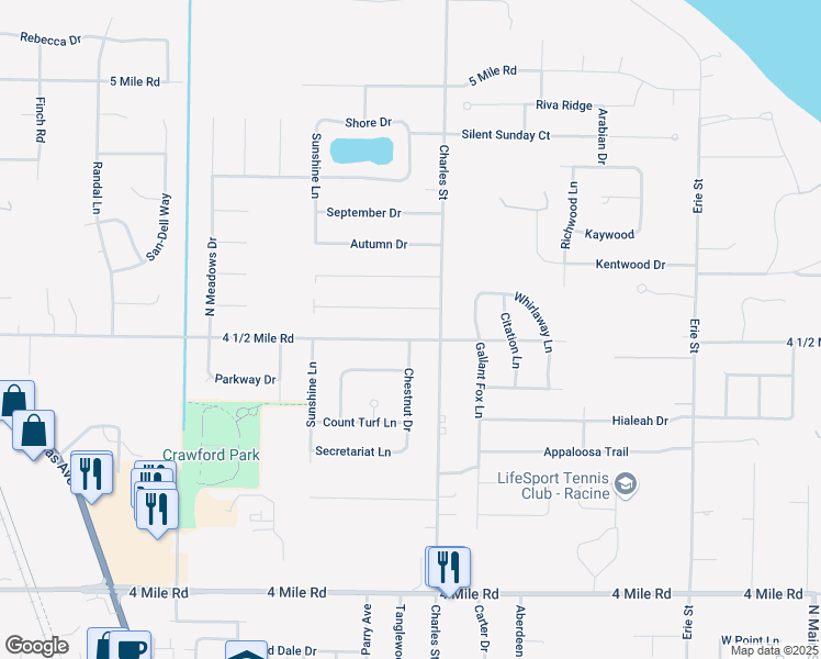 map of restaurants, bars, coffee shops, grocery stores, and more near 1530 4 1/2 Mile Road in Racine