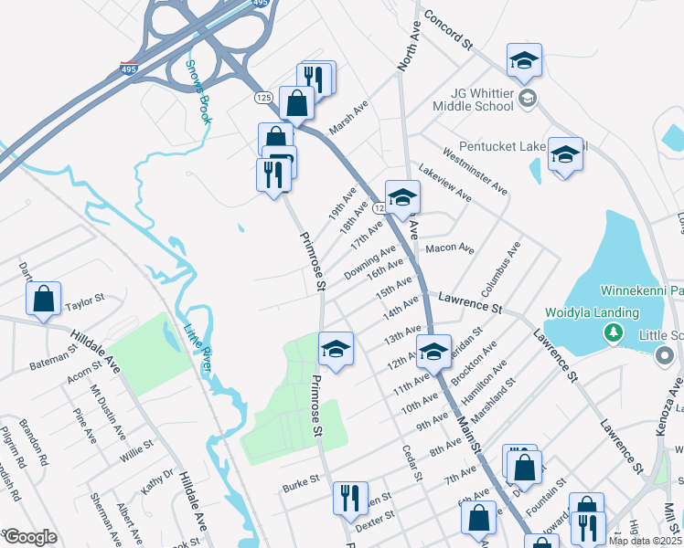 map of restaurants, bars, coffee shops, grocery stores, and more near 53 Downing Avenue in Haverhill