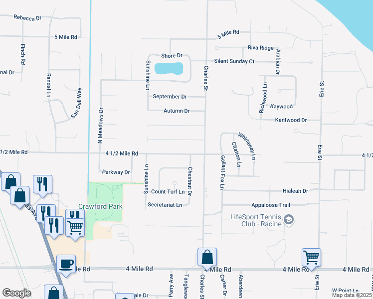 map of restaurants, bars, coffee shops, grocery stores, and more near 1530 4 1/2 Mile Rd in Racine