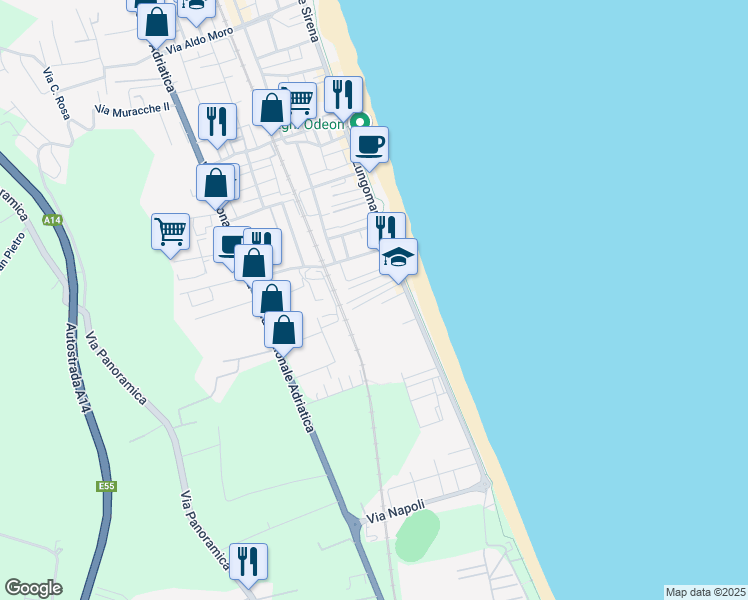map of restaurants, bars, coffee shops, grocery stores, and more near 15 Via Messina in Tortoreto Lido