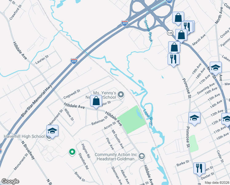 map of restaurants, bars, coffee shops, grocery stores, and more near 87 Atlanta Street in Haverhill