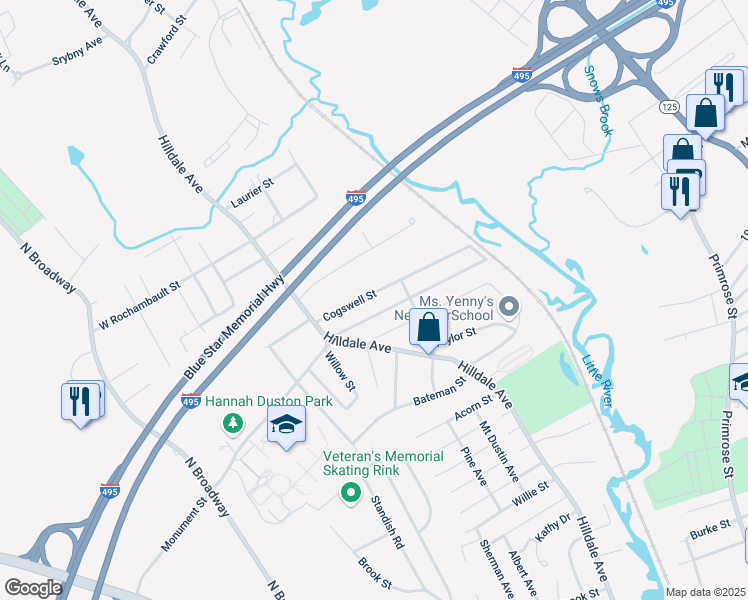 map of restaurants, bars, coffee shops, grocery stores, and more near 37 Cogswell Street in Haverhill