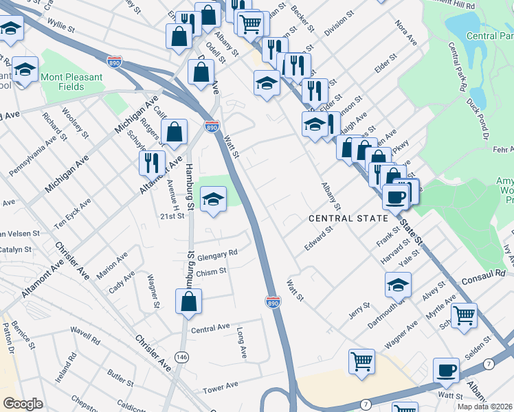 map of restaurants, bars, coffee shops, grocery stores, and more near 1808 Watt Street in Schenectady