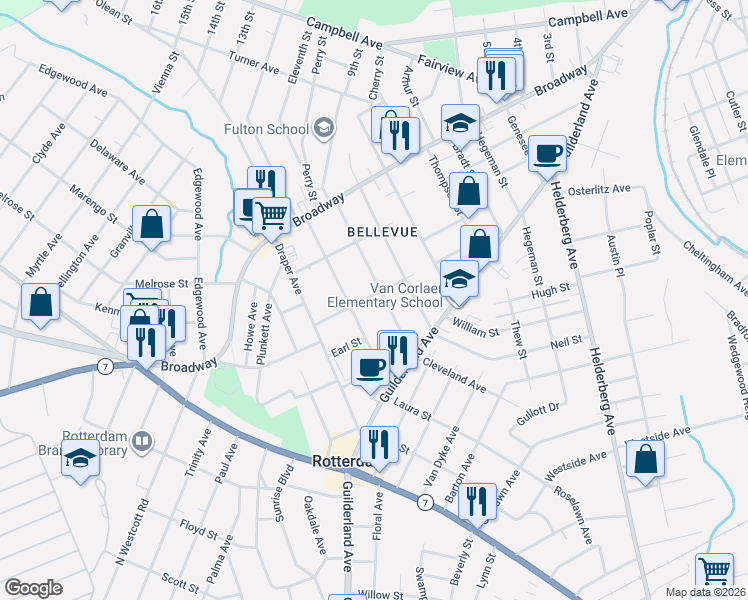 map of restaurants, bars, coffee shops, grocery stores, and more near 910 Cleveland Avenue in Schenectady