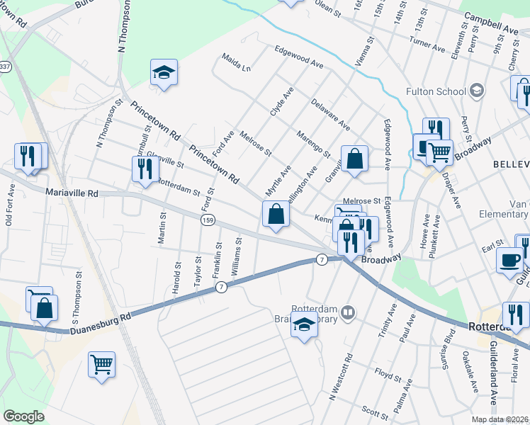 map of restaurants, bars, coffee shops, grocery stores, and more near 309 Princetown Road in Rotterdam