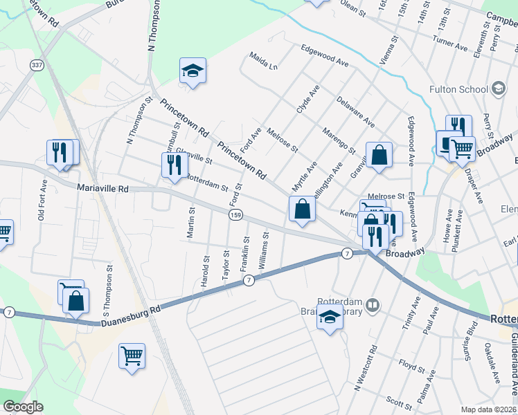 map of restaurants, bars, coffee shops, grocery stores, and more near 212 Mariaville Road in Rotterdam